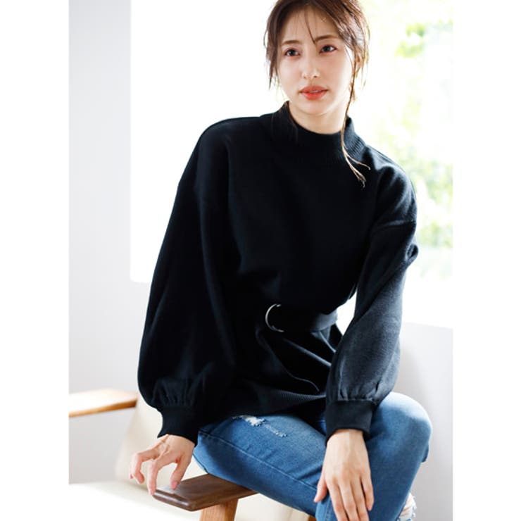 クロ | 12Gミラノリブサッシュ付モックネックチュニックニット | INGNI 