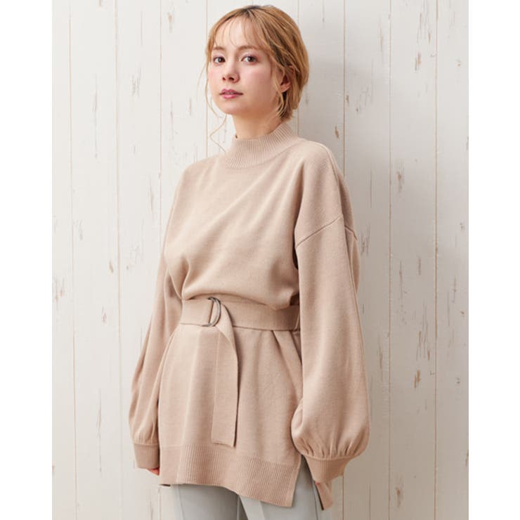ベージュ | 12Gミラノリブサッシュ付モックネックチュニックニット | INGNI 