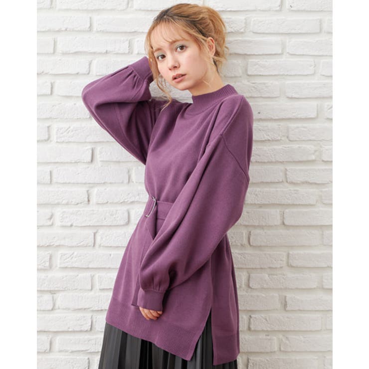 パープル | 12Gミラノリブサッシュ付モックネックチュニックニット | INGNI 