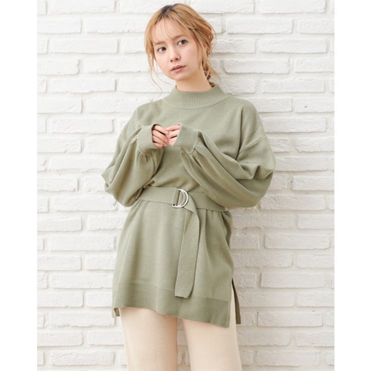 ミントグリーン | 12Gミラノリブサッシュ付モックネックチュニックニット | INGNI 