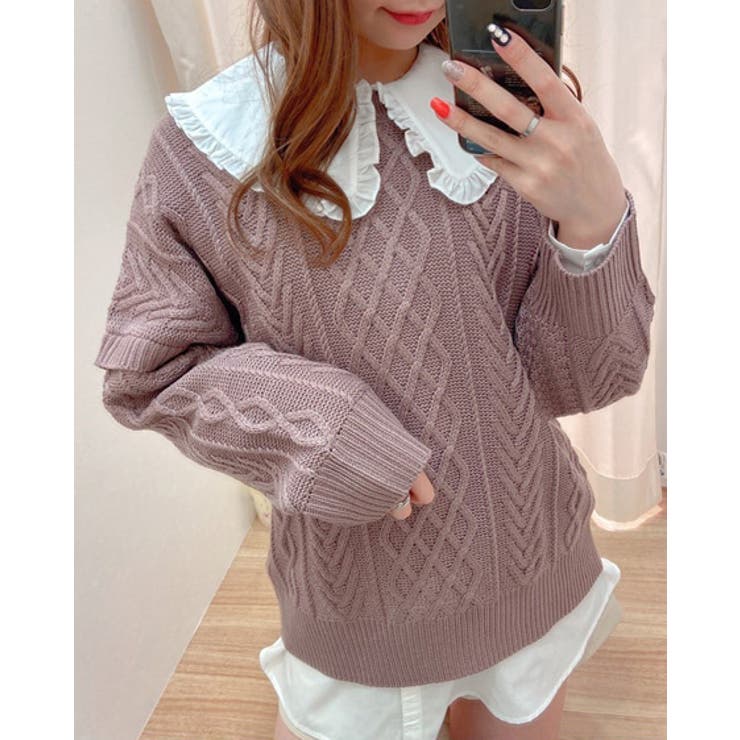 5Gケーブルニット+BIG衿ブラウス SET [品番：INGW0006569