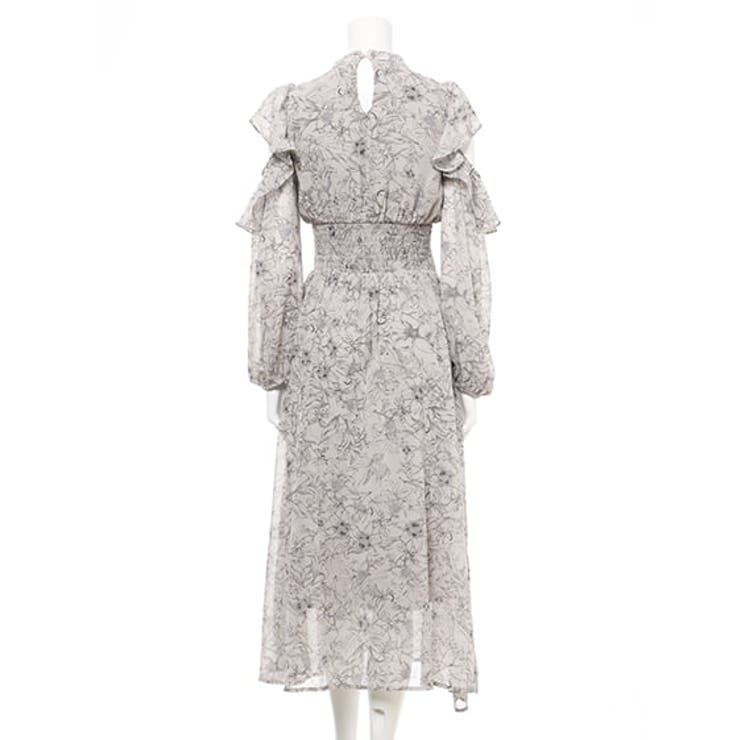 肩あき ドレス フラワー柄 フリルデザイン 上品 ミモレ丈 タイト セール】肩開きフリル花柄シフォンワンピース（ワンピース