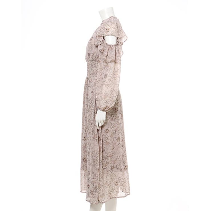 肩あき ドレス フラワー柄 フリルデザイン 上品 ミモレ丈 タイト 肩あきフリル花柄/OP[品番：INGW0008787]｜INGNI （イング）の