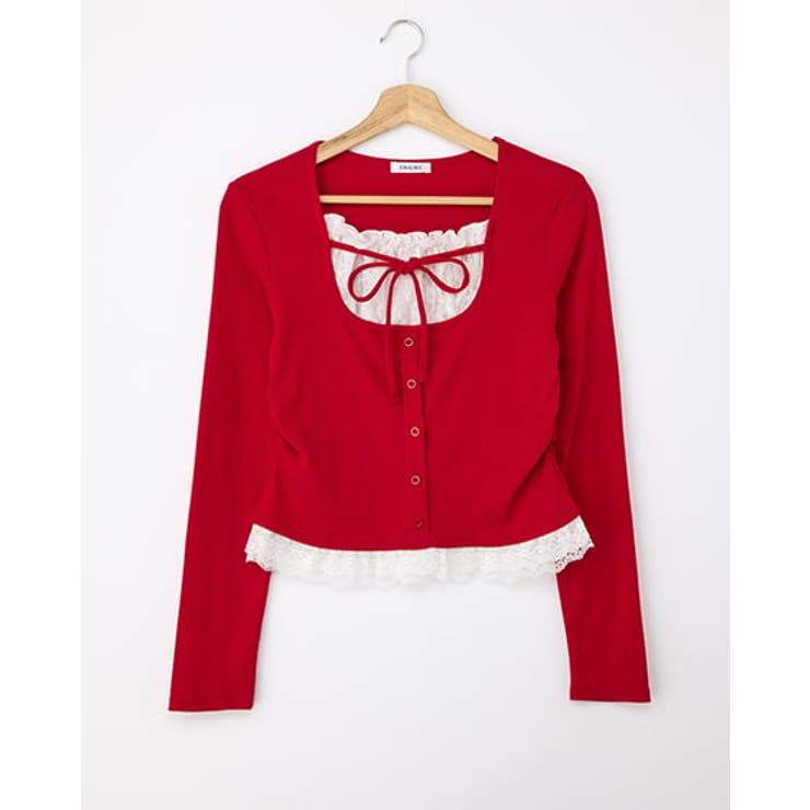 アカ/オフホワイト | レースレイヤード風リボン付きリブTOPs | INGNI 