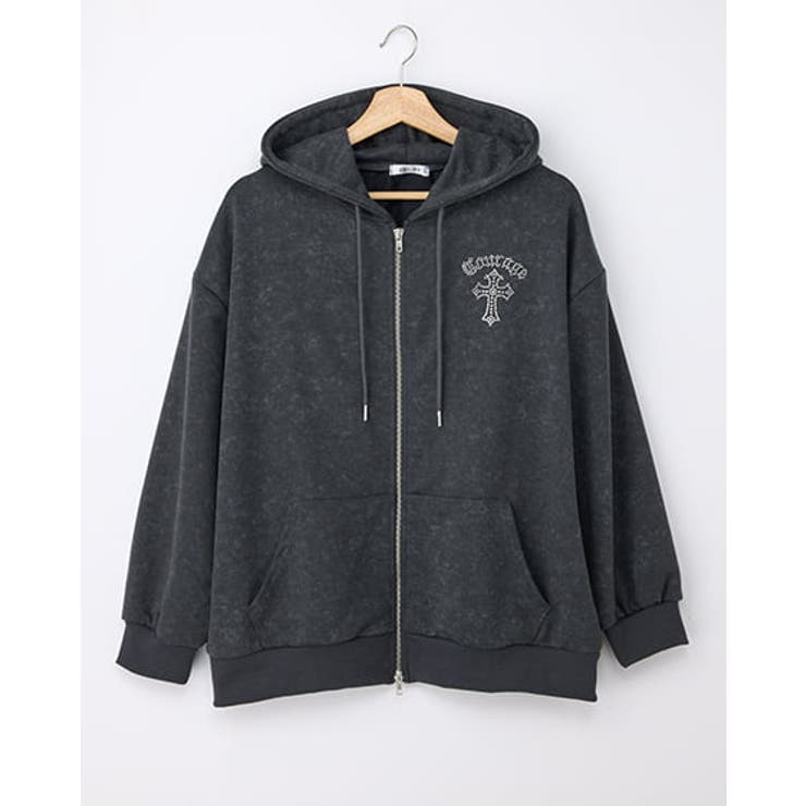 チャコールグレー | ムラ染めbackラインストーンクロスZIPパーカー | INGNI 