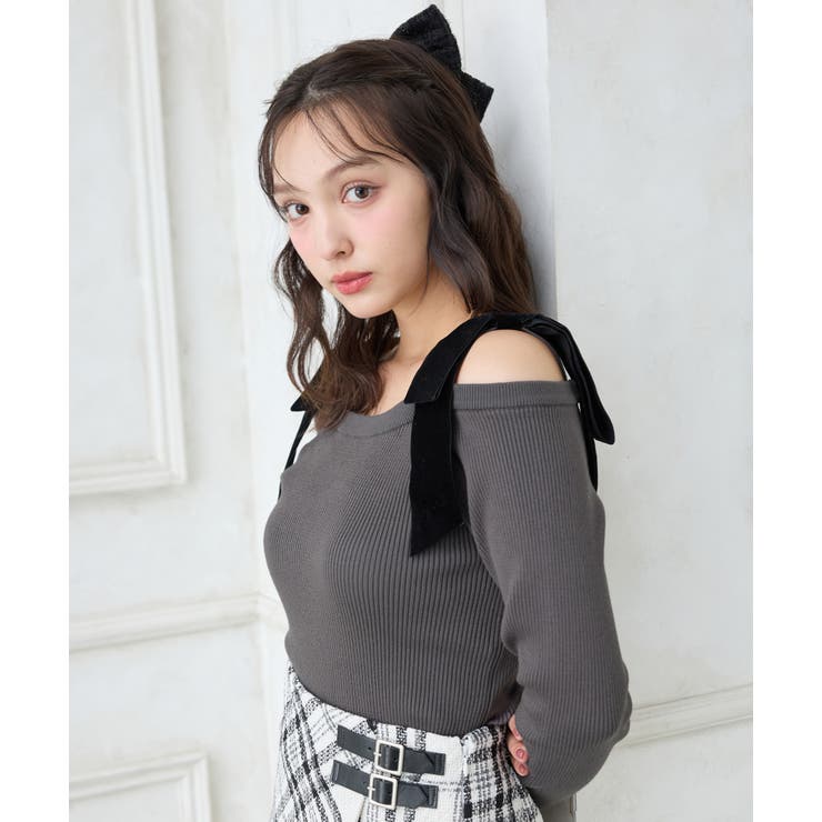 チャコールグレー/クロ | 12G肩ベロアリボンニット | INGNI 