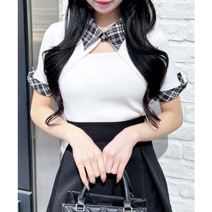 12G チェック衿デコルテオープン半袖ニット | INGNI  | 詳細画像3 