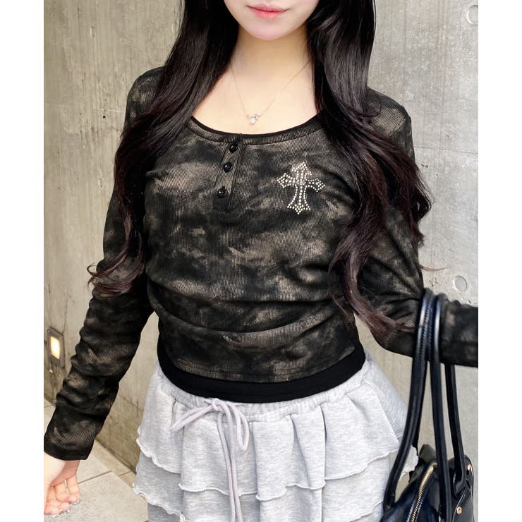 ムラ染めヘンリーネックレイヤード胸クロスTOPs[品番：INGW0011380