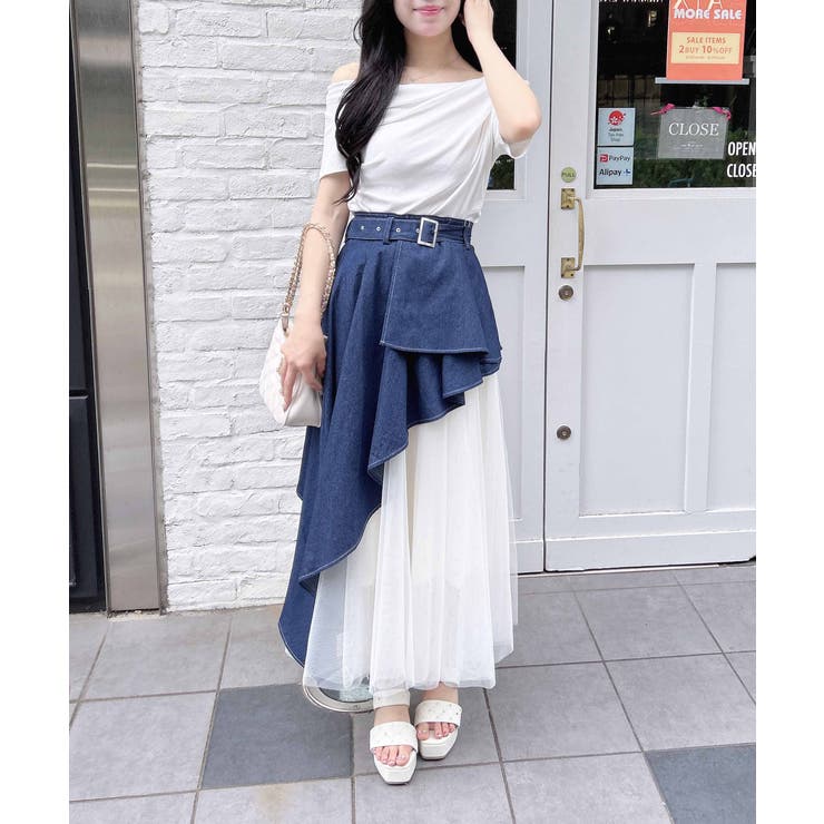 Christian Dior シルク リボン 異素材切替 アイボリー スカート WEB限定】共ベルト付チュール切替アシメスカート[品番：INGW0011041