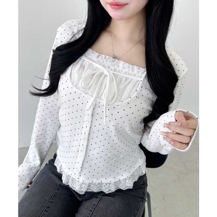 レースレイヤード風リボン付きリブTOPs[品番：INGW0011381]｜INGNI