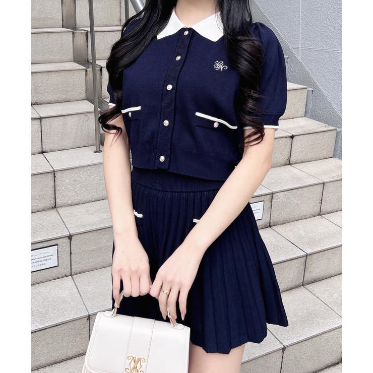 12G配色胸刺繍衿付ニットカーデ+ニットミニスカート/セット | INGNI  | 詳細画像2 