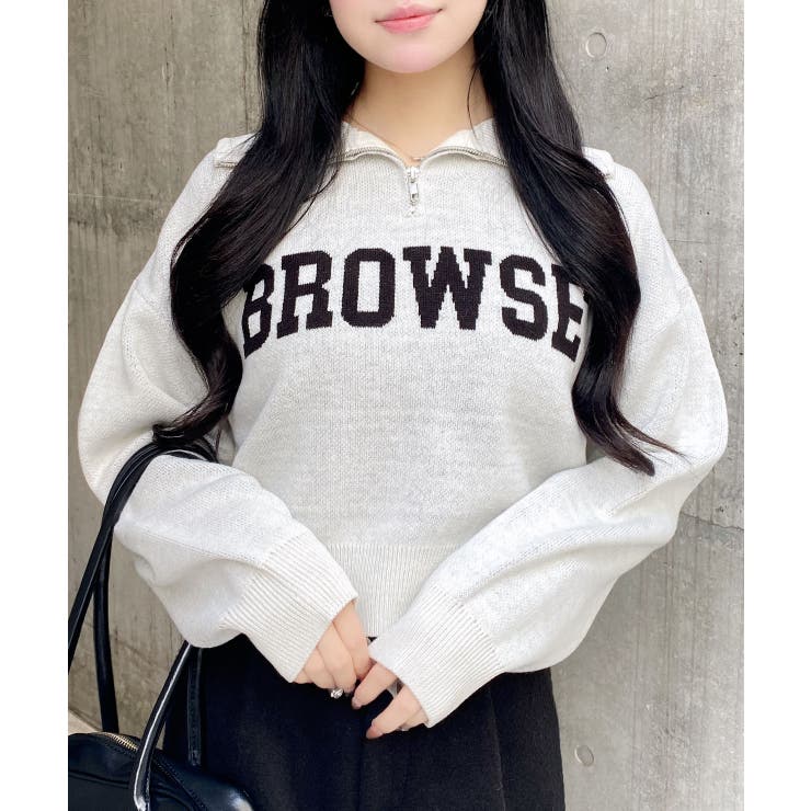 オフホワイト/クロ | 12GハーフZIPショート丈ロゴニット | INGNI 