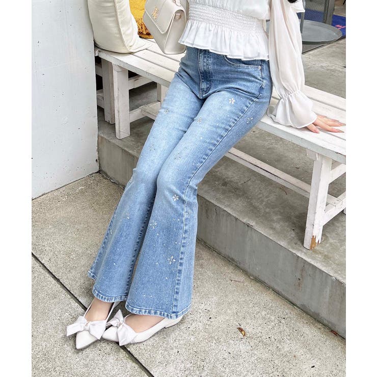 デニム/ブルー | ビジュ付フレアデニムパンツ | INGNI 