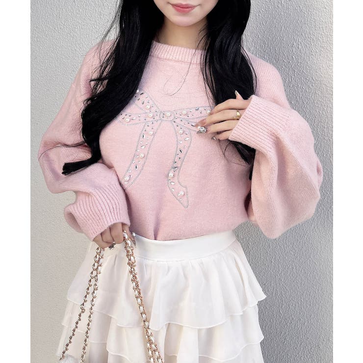 ピンク | 7Gもちもちリボン×ビジューニット | INGNI 