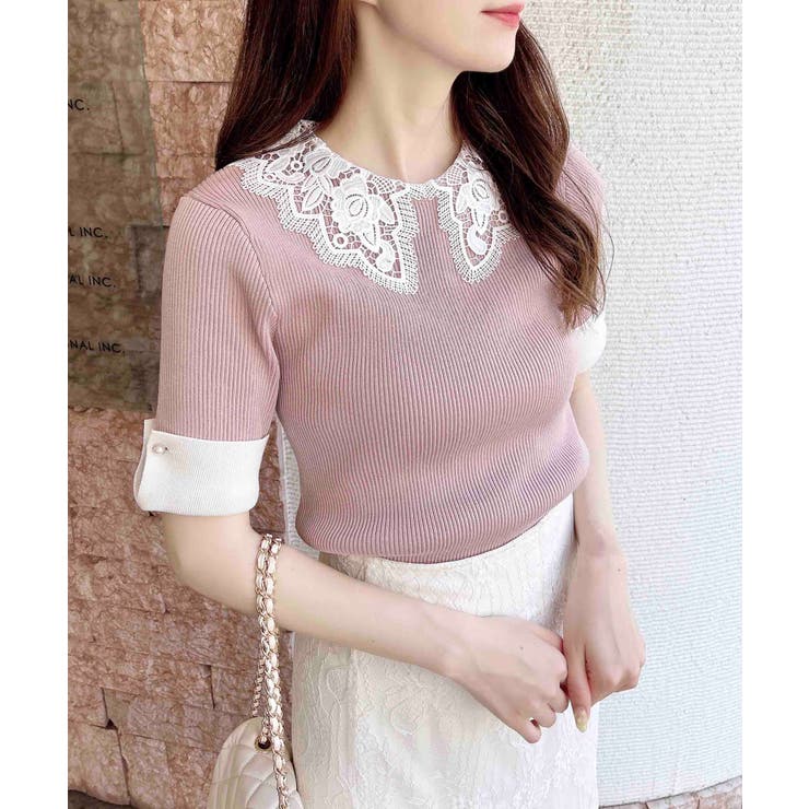 ピンクベージュ/オフホワイト | レース衿ニット | INGNI 