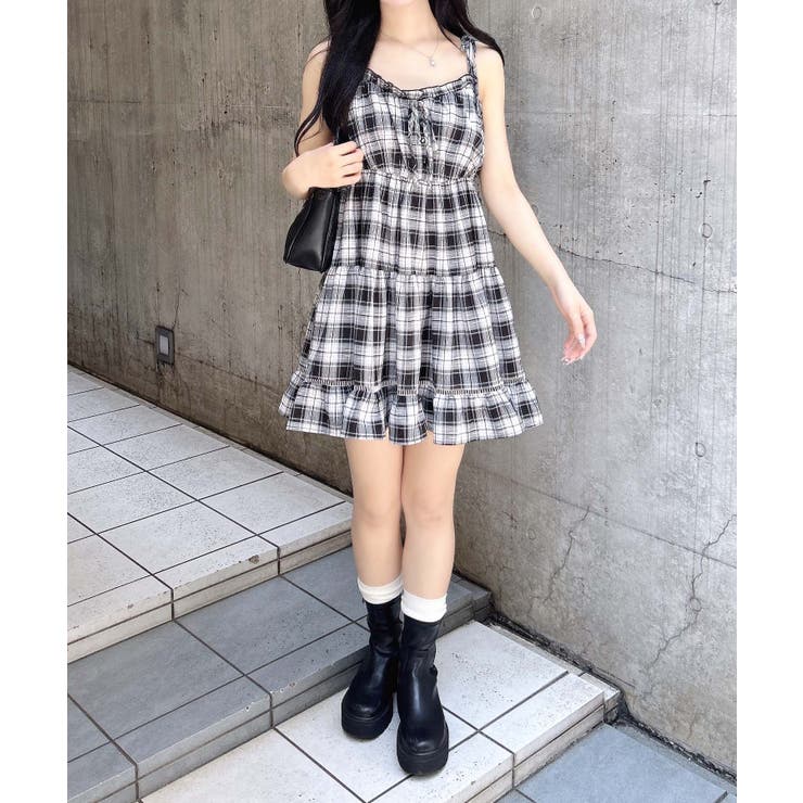 チェック柄ティアードミニキャミワンピース[品番：INGW0010924
