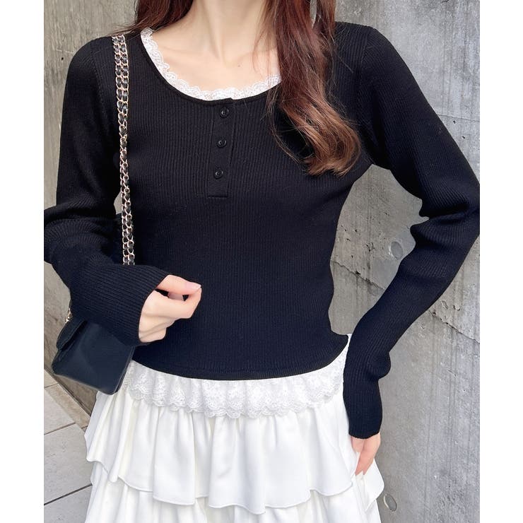 クロ | 12Gヘンリーネックフリルレース付ニット | INGNI 