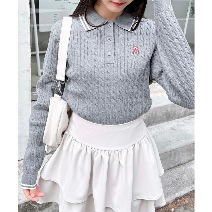 12Gくま刺繍ケーブルポロニット[品番：INGW0010550]｜INGNI （イング