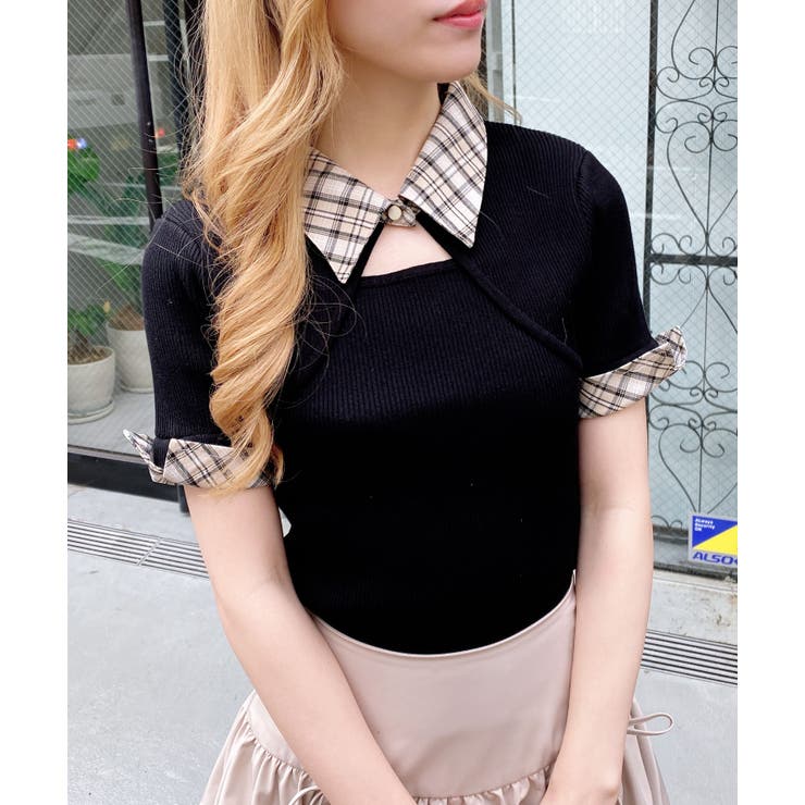 12G チェック衿デコルテオープン半袖ニット | INGNI  | 詳細画像17 