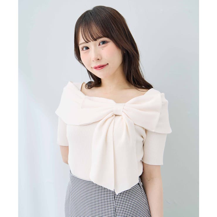 アイボリー | 12Gリボンオフショル半袖ニット | INGNI 