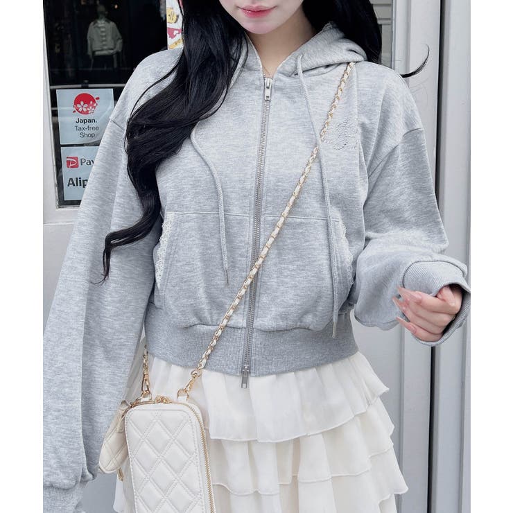 レース付胸ロゴ裏毛ショートZIPパーカー | INGNI  | 詳細画像3 