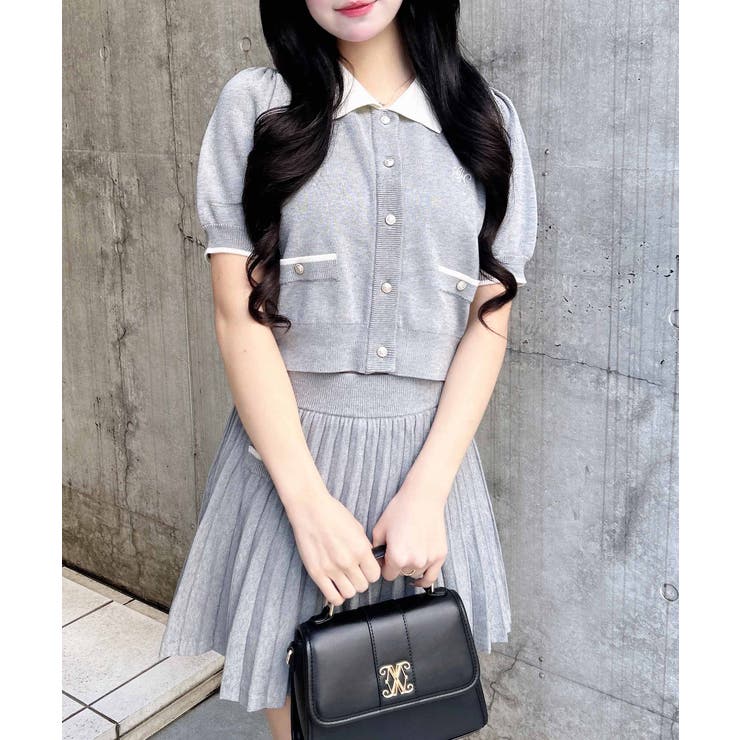 グレー/オフホワイト | 12G配色胸刺繍衿付ニットカーデ+ニットミニスカート/セット | INGNI 