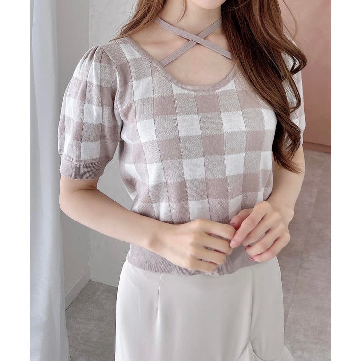 ベージュ/オフホワイト | クロスチョーカーチェック柄ニット | INGNI 