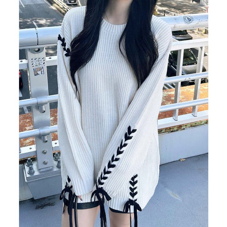 オフホワイト/クロ | 7Gレースアップ畦チュニックニット | INGNI 