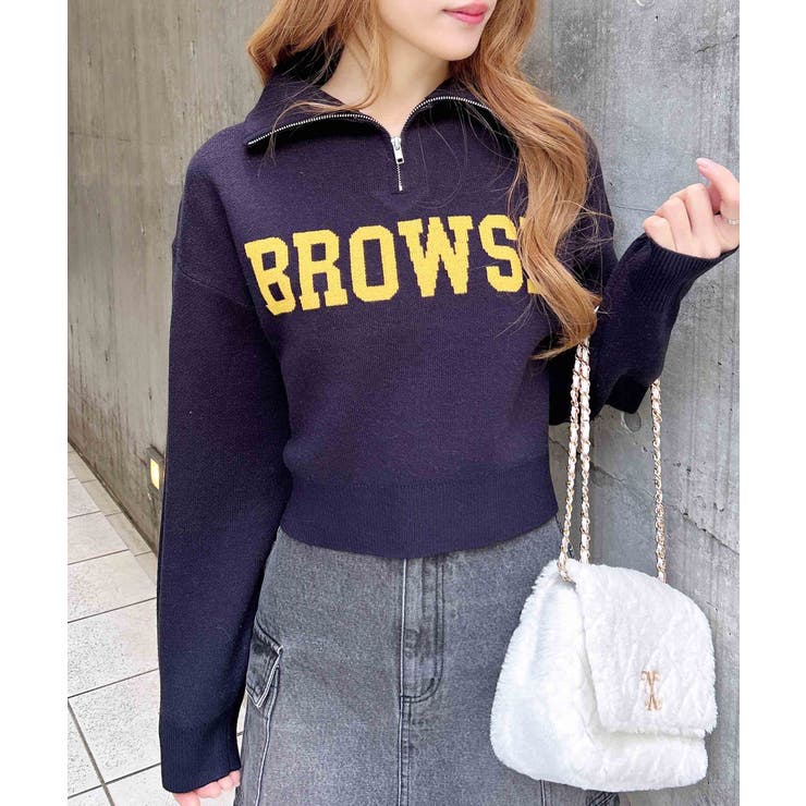 コン/マスタード | 12GハーフZIPショート丈ロゴニット | INGNI 