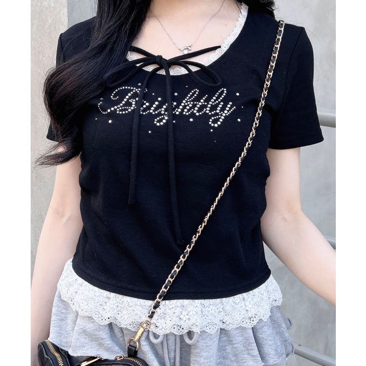 リボン付レース出しラインストーンロゴTOPs | INGNI  | 詳細画像2 