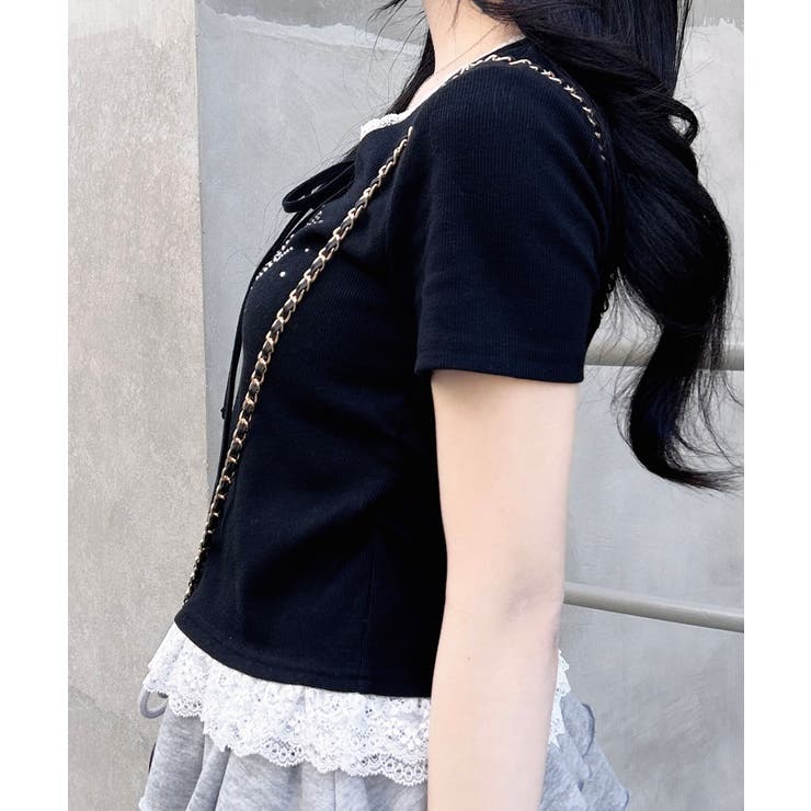 リボン付レース出しラインストーンロゴTOPs | INGNI  | 詳細画像4 