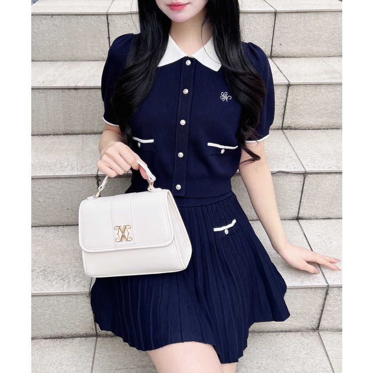 コン/オフホワイト | 12G配色胸刺繍衿付ニットカーデ+ニットミニスカート/セット | INGNI 