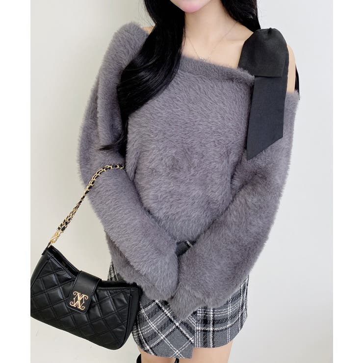 グレー/クロ | 12G肩リボンワンショルフェザーニット | INGNI 