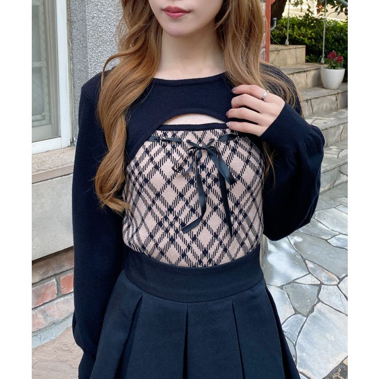 12Gチェック柄デコルテオープンニット[品番：INGW0011261]｜INGNI