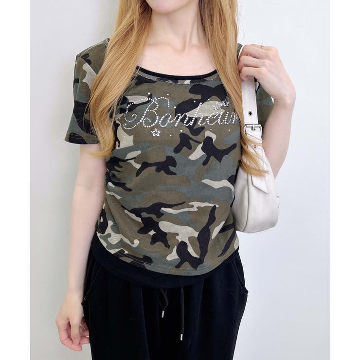 カーキ/クロ | メイサイレイヤードラインストーンロゴTOPs | INGNI 