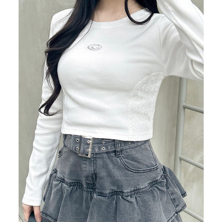 オフホワイト | サイドレース胸ロゴロンT | INGNI 