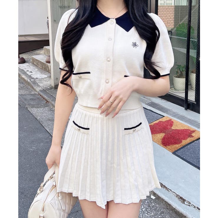 12G配色胸刺繍衿付ニットカーデ+ニットミニスカート/セット | INGNI  | 詳細画像11 