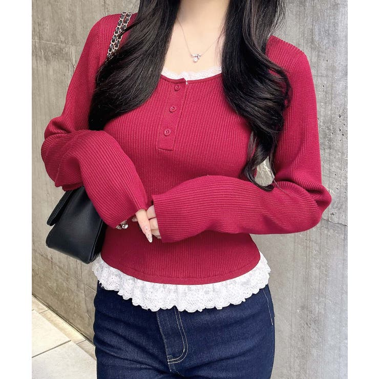 ボルドー | 12Gヘンリーネックフリルレース付ニット | INGNI 