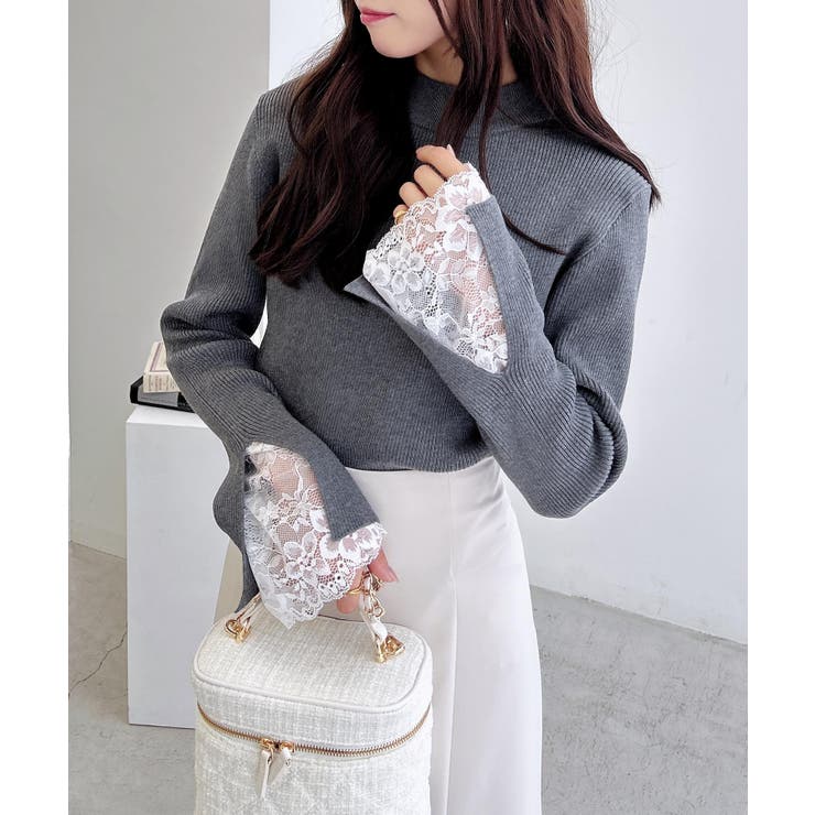 チャコールグレー | 12G袖スリットレースニット | INGNI 