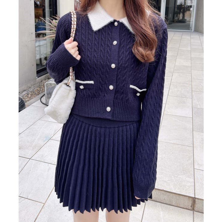7Gフェザー衿ケーブルニットカーディガン+ニットスカート/セット | INGNI  | 詳細画像5 