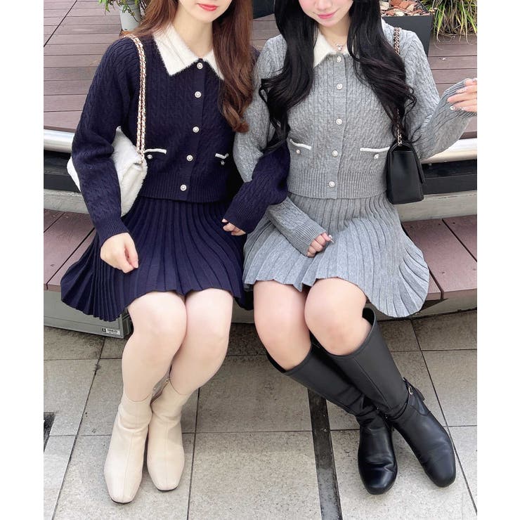 7Gフェザー衿ケーブルニットカーディガン+ニットスカート/セット | INGNI  | 詳細画像2 