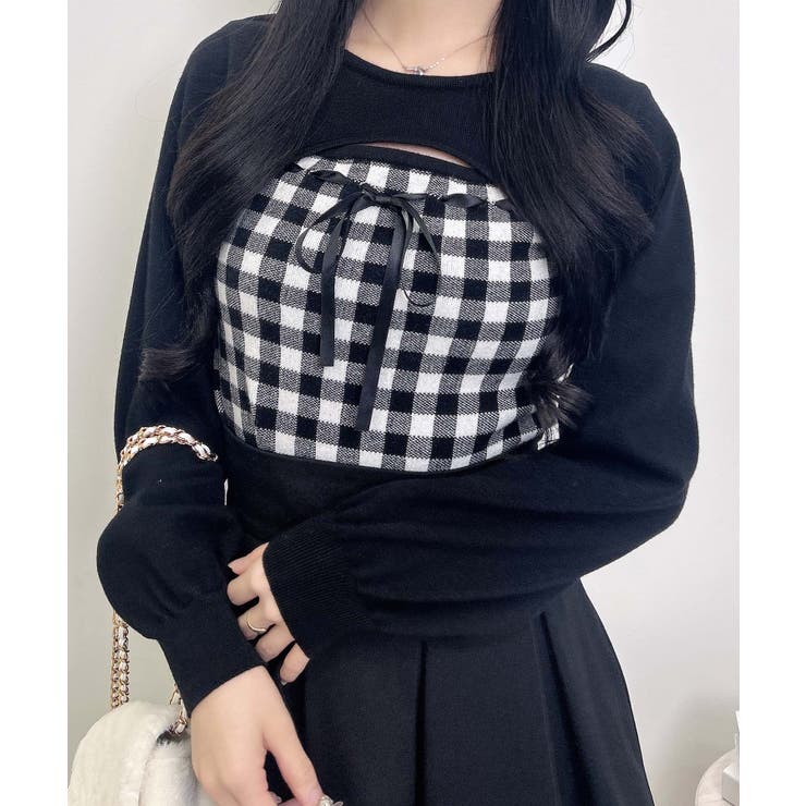 12Gギンガムチェック柄デコルテオープンニット | INGNI  | 詳細画像1 