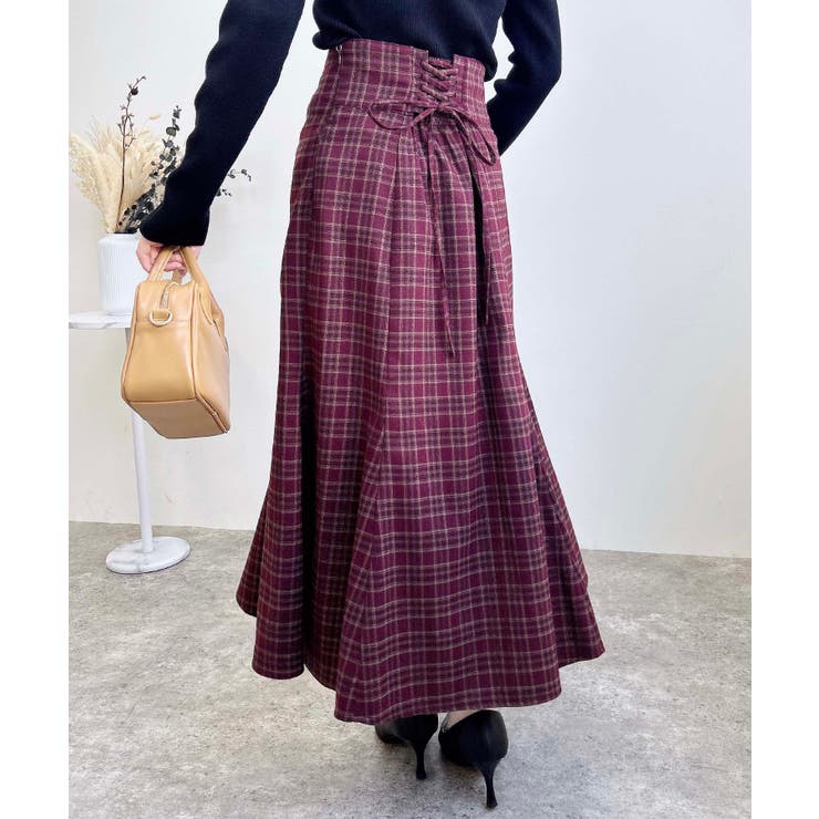 フリル付きバックレースアップシアーチェックワンピース　ボルドー フリル付きバックレースアップシアーチェックワンピース ボルドー SALE