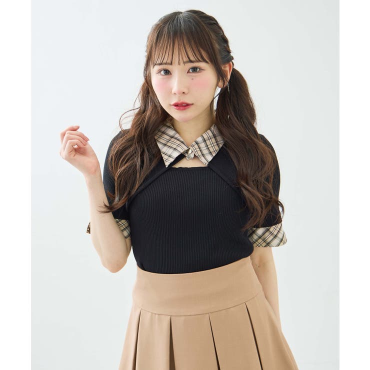 クロ/ベージュチェック  | 12G チェック衿デコルテオープン半袖ニット | INGNI 