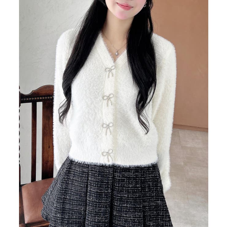 【WEB限定アイテム】Vネックリボン釦フェザーニットカーディガン | INGNI  | 詳細画像13 