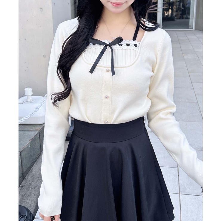 アイボリー | 12Gフロントリボンリブ切替ニット | INGNI 