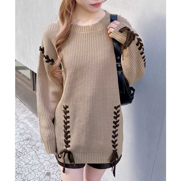 ベージュ/ブラウン | 7Gレースアップ畦チュニックニット | INGNI 