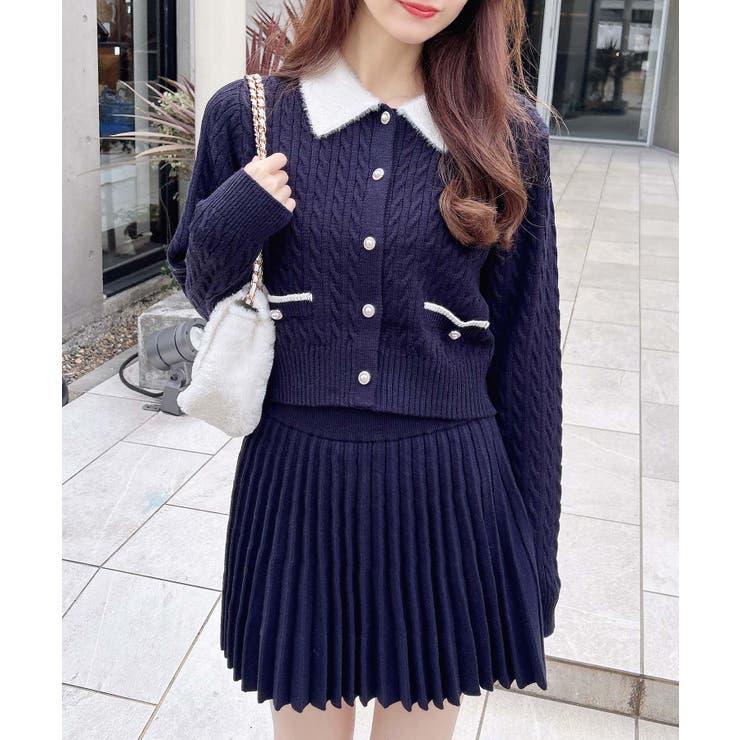 7Gフェザー衿ケーブルニットカーディガン+ニットスカート/セット | INGNI  | 詳細画像4 