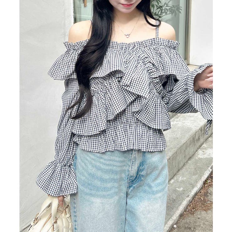 クロ/ギンガム | クロスフリルオフショルブラウス | INGNI 