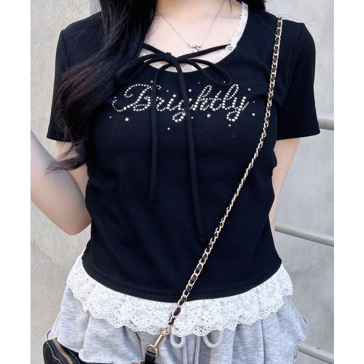 リボン付レース出しラインストーンロゴTOPs | INGNI  | 詳細画像3 